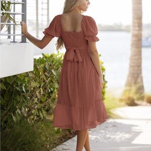 MEROKEETY Women's 2024 Summer Square Neck Puff Sleeve Boho Midi Dress Swiss Dot